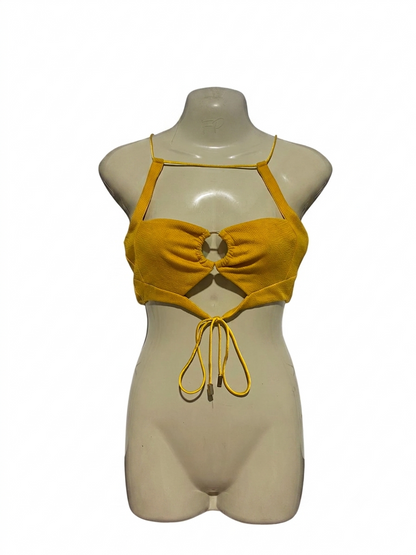 OUTCAST |S| BUST 15| B44| MUSTARD YELLOW O-RING CUTOUT HALTER CROP TOP
