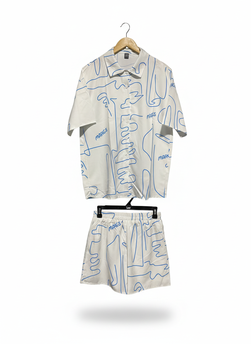 SHEIN |M| WOMEN'S GRAPHIC CO-ORD SHORT SET IN WHITE AND BLUE