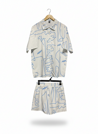 SHEIN |M| WOMEN'S GRAPHIC CO-ORD SHORT SET IN WHITE AND BLUE