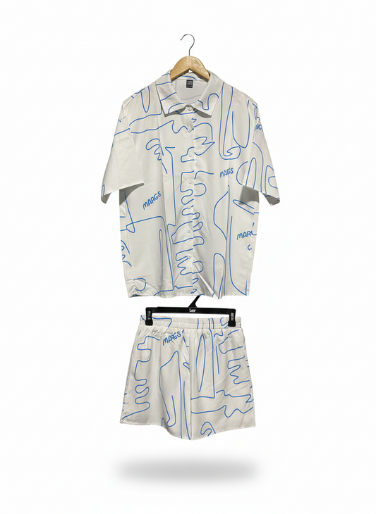 SHEIN |M| WOMEN'S GRAPHIC CO-ORD SHORT SET IN WHITE AND BLUE