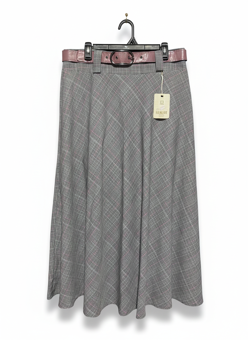 HANLAR COLLECTION |XL| WAIST 34| Grey Plaid (Prince of Wales Check) Midi Skirt