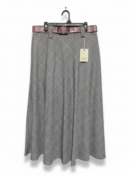 HANLAR COLLECTION |XL| WAIST 34| Grey Plaid (Prince of Wales Check) Midi Skirt