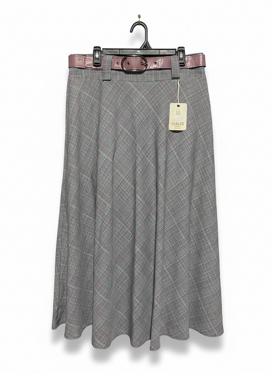 HANLAR COLLECTION |XL| WAIST 34| Grey Plaid (Prince of Wales Check) Midi Skirt