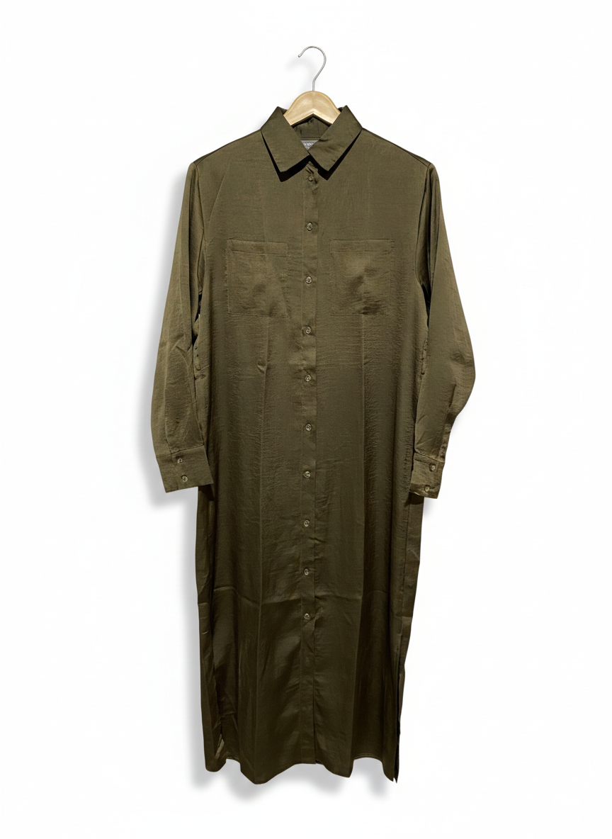 PRIMARK |M| BUST 21| OLIVE GREEN SATIN MAXI SHIRT DRESS