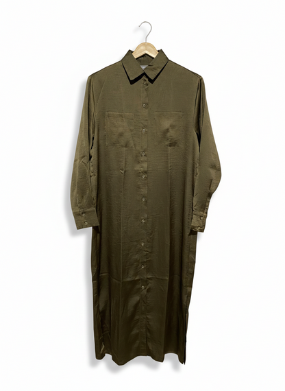 PRIMARK |M| BUST 21| OLIVE GREEN SATIN MAXI SHIRT DRESS