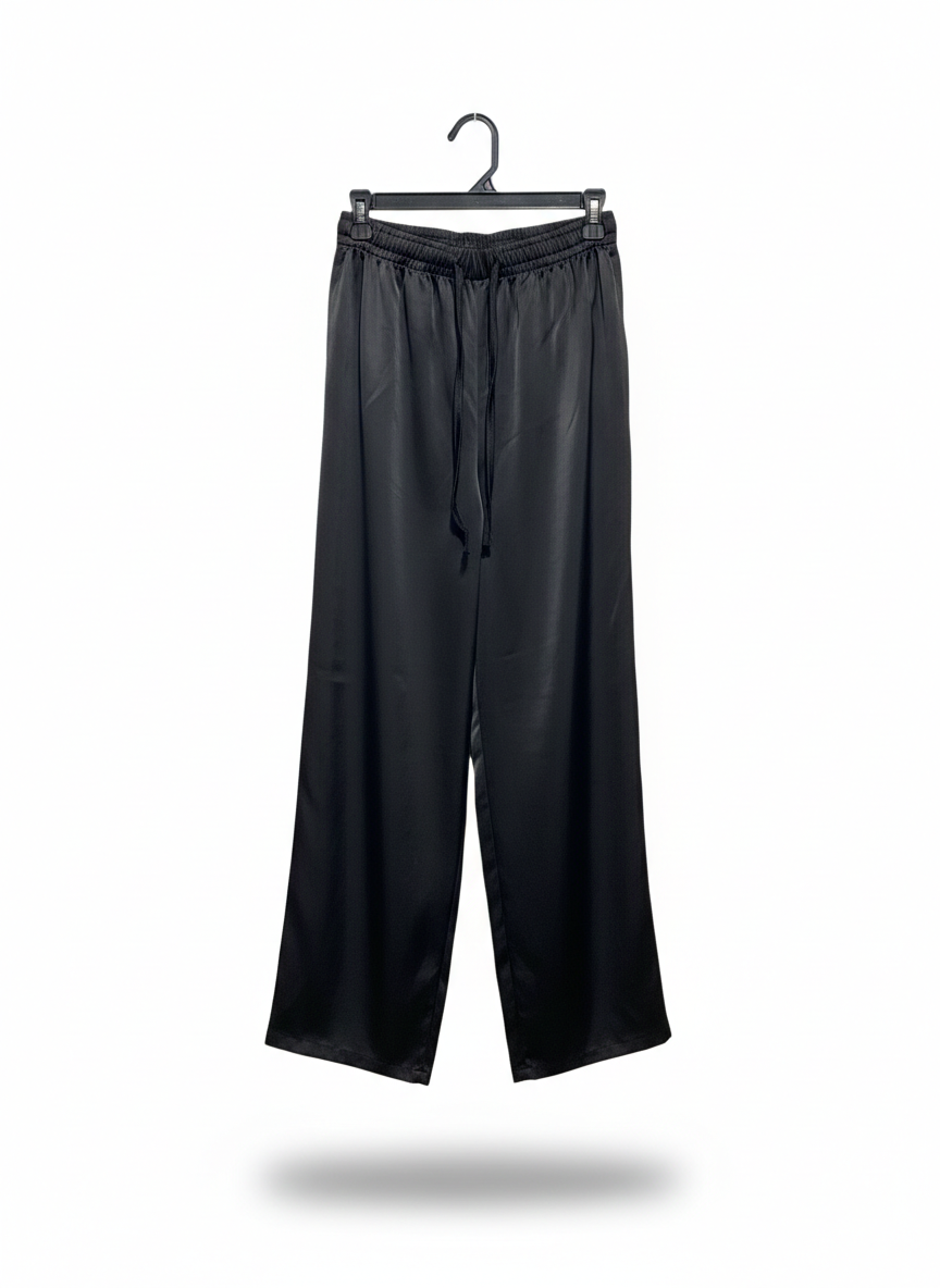 BRILLIANT |S| WAIST 24| LUMINOUS NOIR SATIN WIDE-LEG TROUSERS