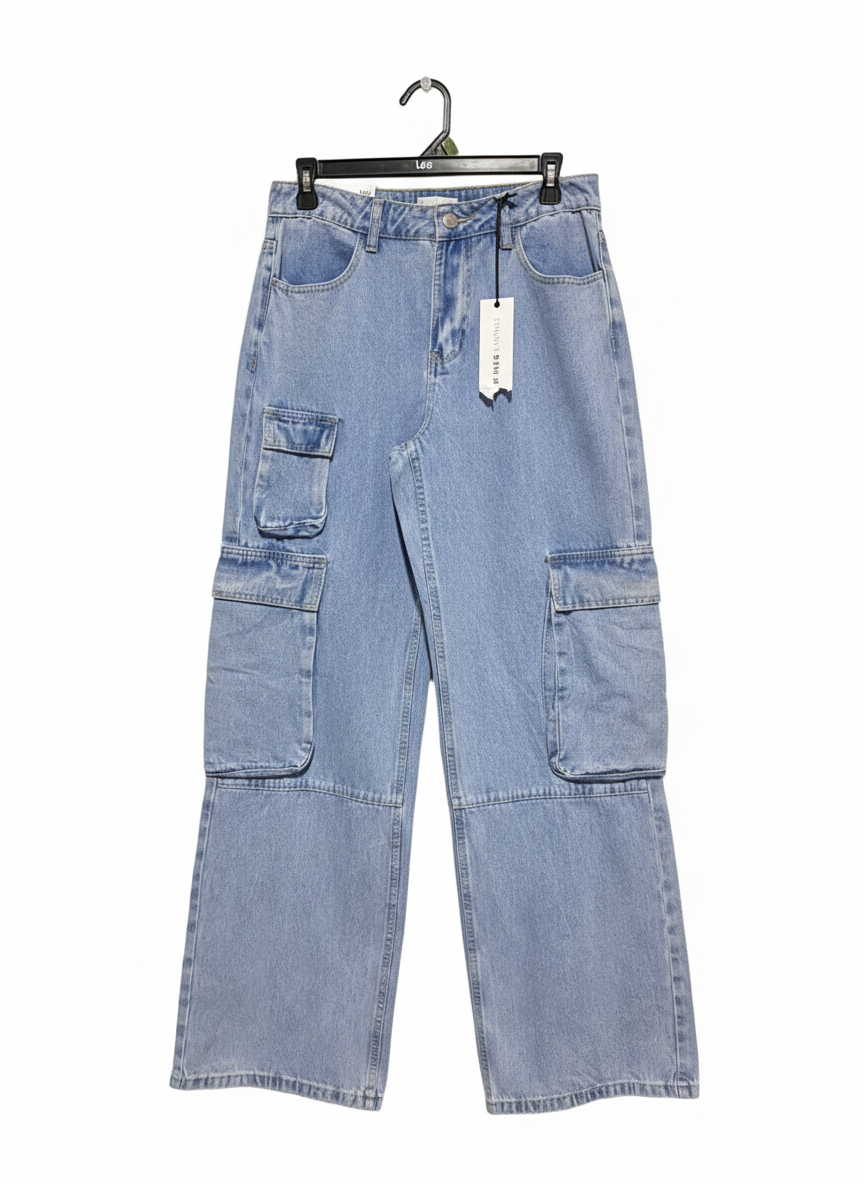 STNDRD DENIM |L| WAIST 30| High-Waist Wide-Leg Denim Cargo Pants for Women