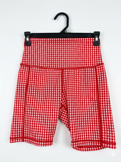 SLINKII |XS| WAIST 24| B20| RED GINGHAM CHECK BIKER SHORTS
