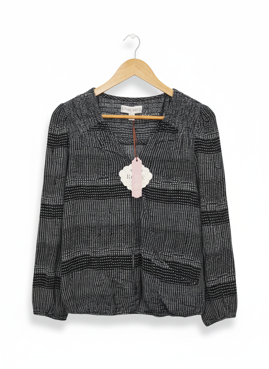 KNOX ROSE|S|BUST 19|Black and White Long Sleeves Boho Wrap Blouse with Elastic Hem