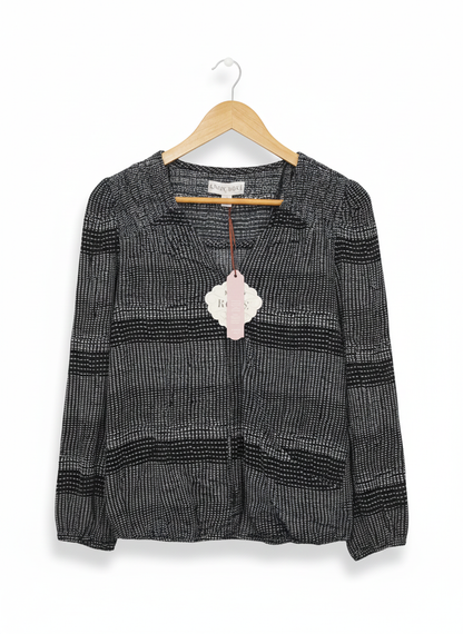 KNOX ROSE|S|BUST 19|Black and White Long Sleeves Boho Wrap Blouse with Elastic Hem