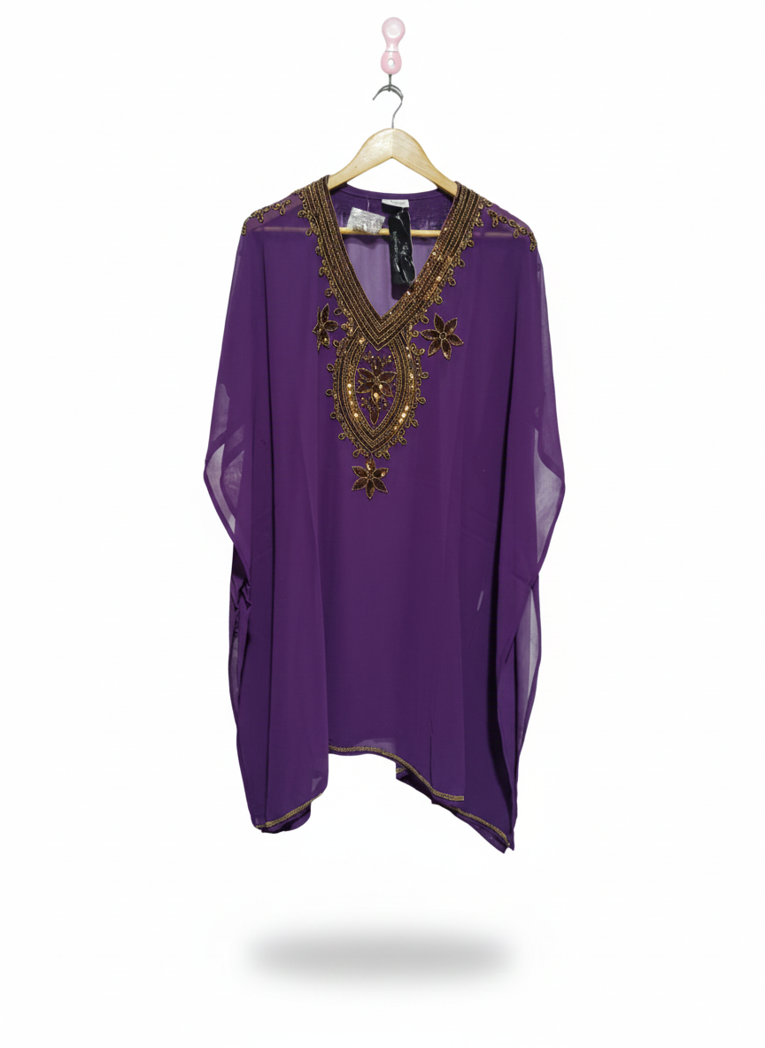KOHINOOR FASHION|FREE SIZE|PURPLE KAFTAN TOP WITH GOLD BEAD EMBELLISHMENTS