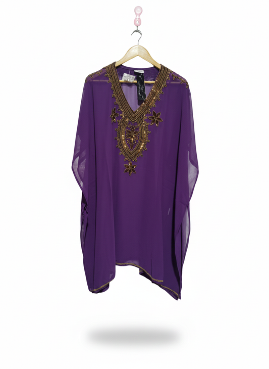 KOHINOOR FASHION|FREE SIZE|PURPLE KAFTAN TOP WITH GOLD BEAD EMBELLISHMENTS