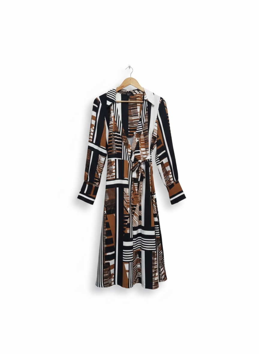 Next Black & White Geometric Print Tie-Waist Midi Shirtdress