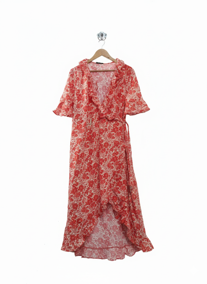 TOPSHOP MATERNITY Red Floral Print Ruffle Wrap Midi Midaxi Maxi Dress