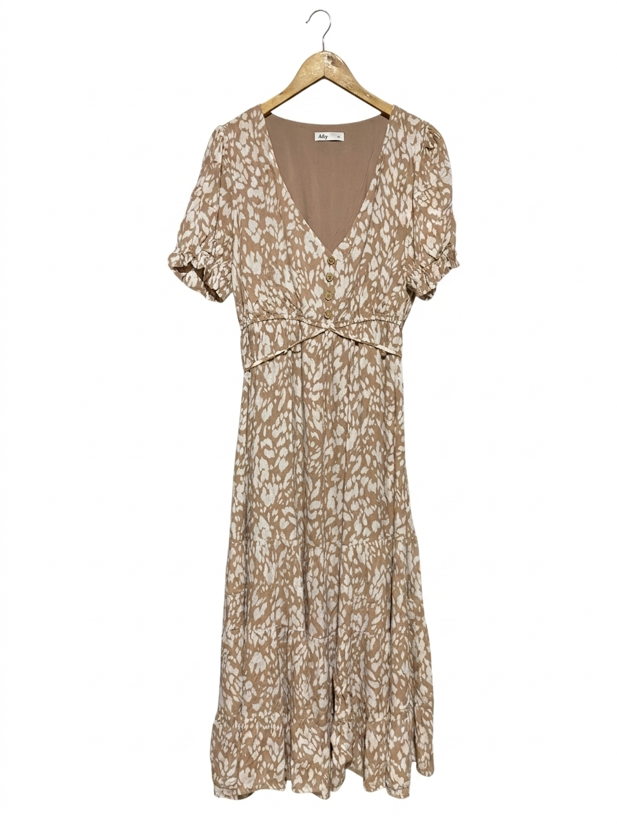 ALLY |M| BUST 17| B11| TAN LEOPARD PRINT TIERED V-NECK MIDI DRESS