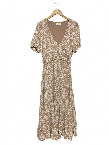 ALLY |M| BUST 17| B11| TAN LEOPARD PRINT TIERED V-NECK MIDI DRESS