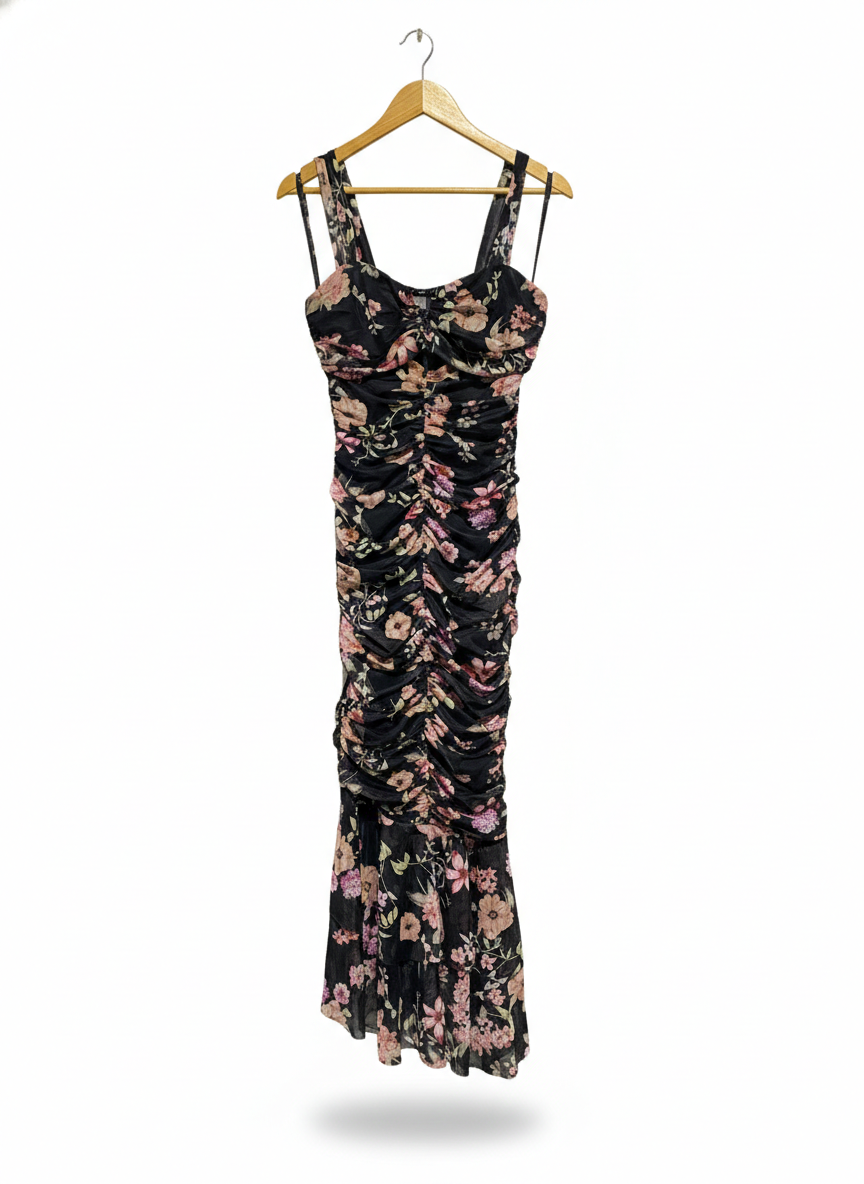 AMAROSO |L| BUST 16| FLORAL RUCHED BODYCON MIDI DRESS