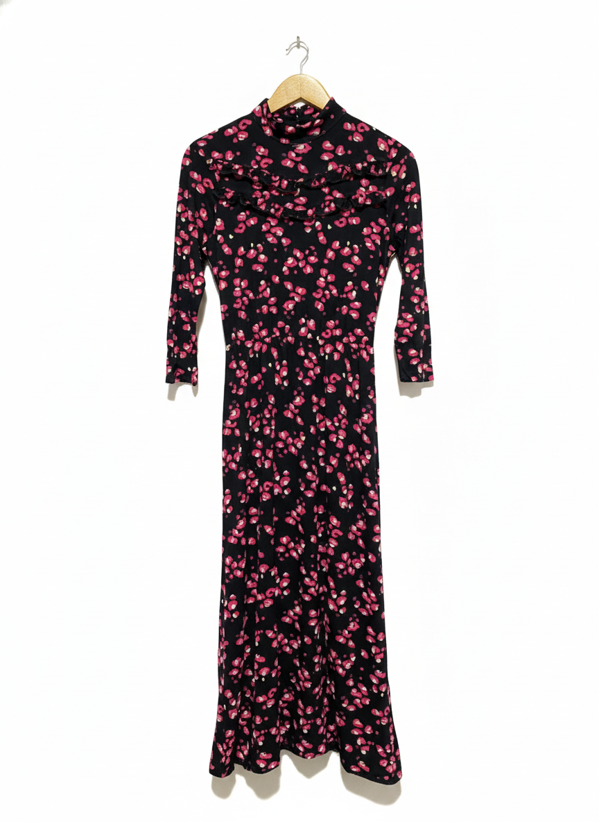 NEXT |XS\S| BUST 17|C5| Black & Pink Floral Patchwork Print Long Sleeve Midi Dress