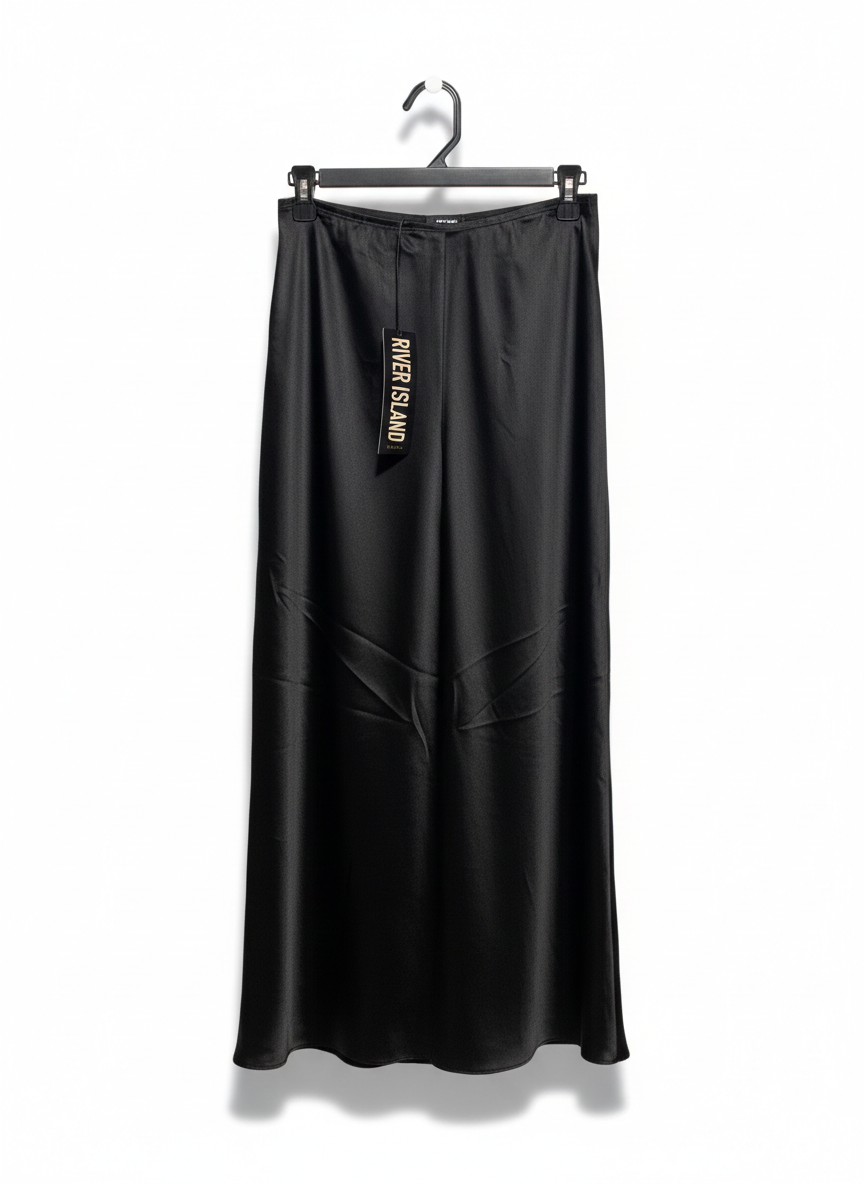 RIVER ISLAND |S| WAIST 26| BLACK SATIN MIDI SKIRT