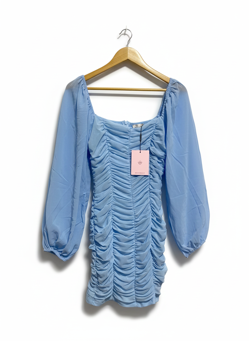 HELLO MOLLY|M|BUST 15|BLUE RUCHED SQUARE NECK MINI DRESS