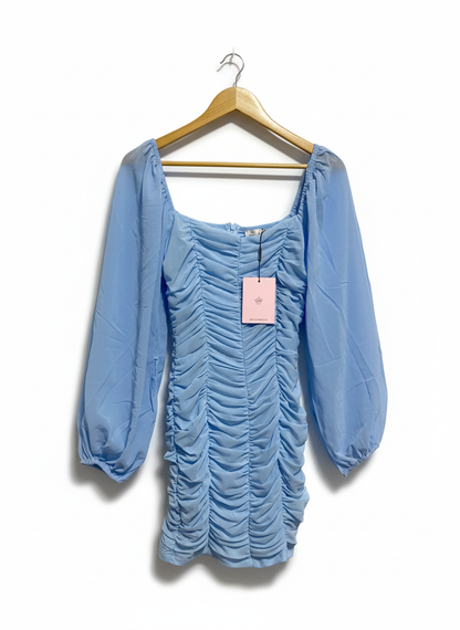 HELLO MOLLY|M|BUST 15|BLUE RUCHED SQUARE NECK MINI DRESS