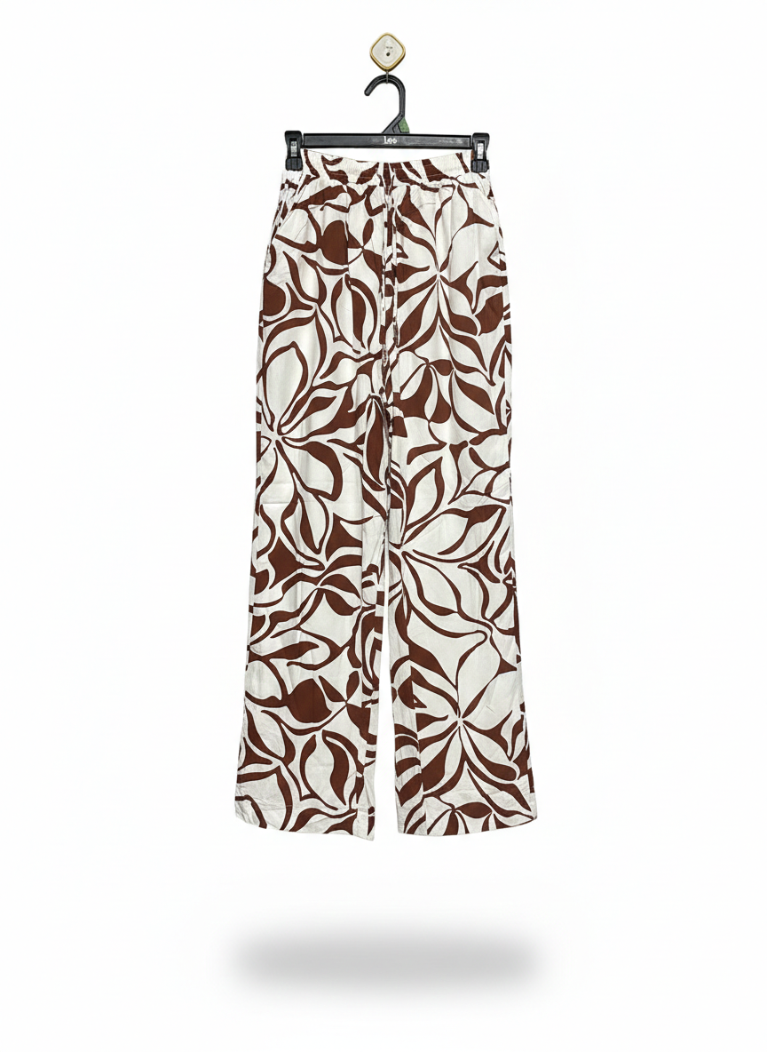 DOTTI |S| WAIST 24| WOMEN’S BROWN AND WHITE ABSTRACT FLORAL WIDE-LEG PALAZZO PANTS WITH ELASTIC WAIST