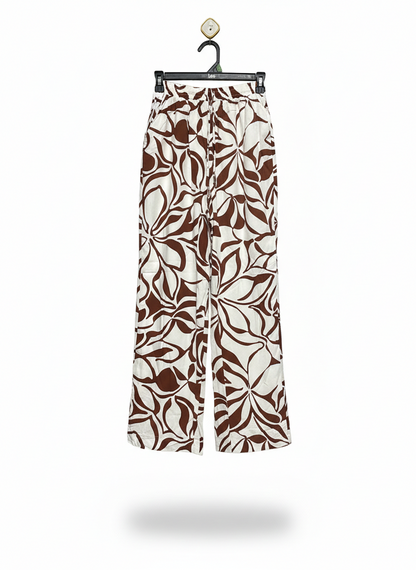 DOTTI |S| WAIST 24| WOMEN’S BROWN AND WHITE ABSTRACT FLORAL WIDE-LEG PALAZZO PANTS WITH ELASTIC WAIST