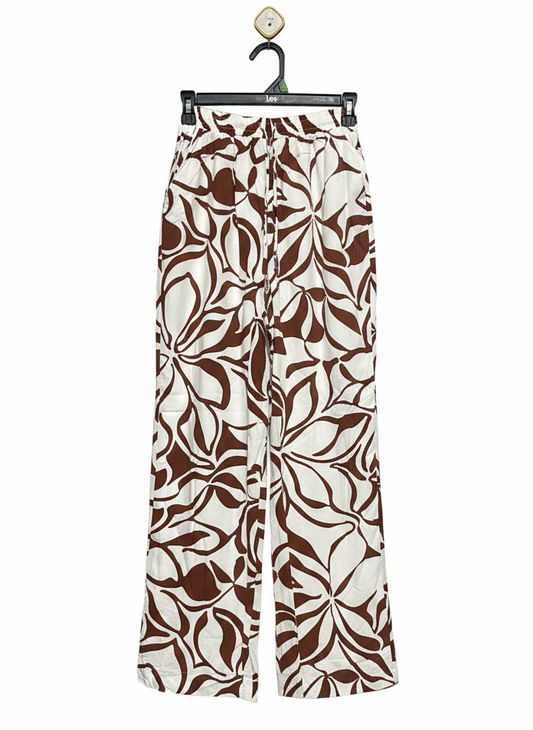 DOTTI |S| WAIST 24| C8| WOMEN’S BROWN AND WHITE ABSTRACT FLORAL WIDE-LEG PALAZZO PANTS WITH ELASTIC WAIST
