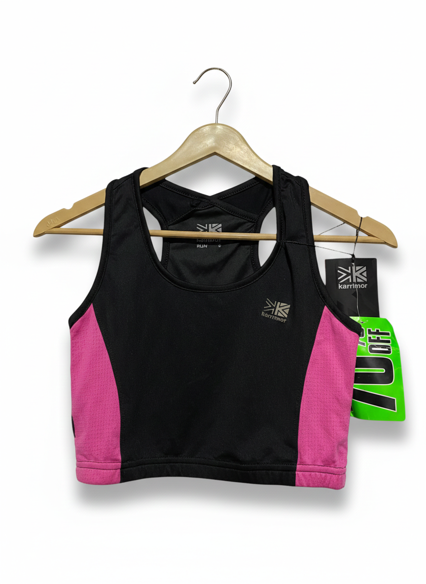 KARRIMOR RUN |L| BUST 14| BLACK & PINK RUN SPORTS BRA - CROSS-BACK PERFORMANCE TOP