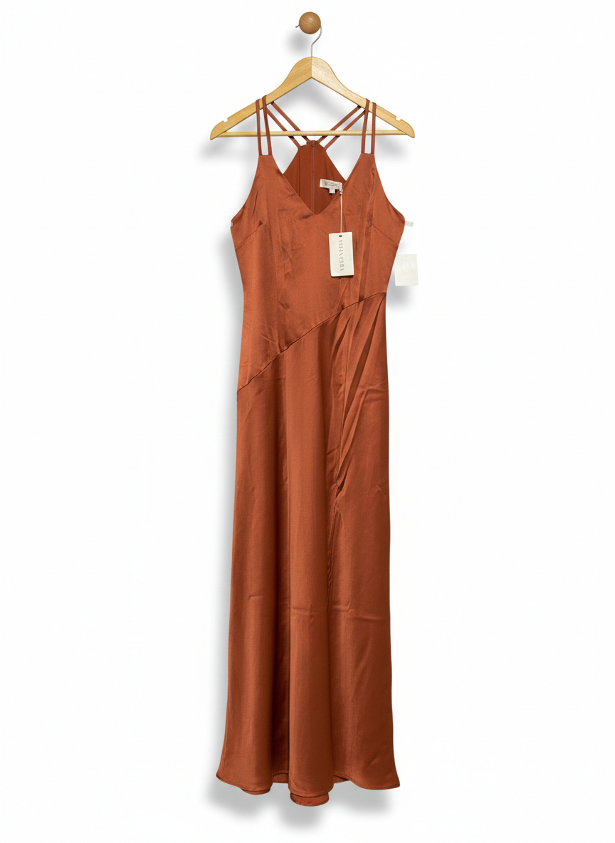 CHANCERY |M| BUST 15| TERRACOTTA SATIN STRAPPY MAXI DRESS