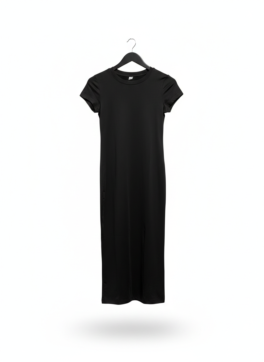SHEIN |M| BUST 15| BLACK RIBBED T-SHIRT STYLE MAXI DRESS