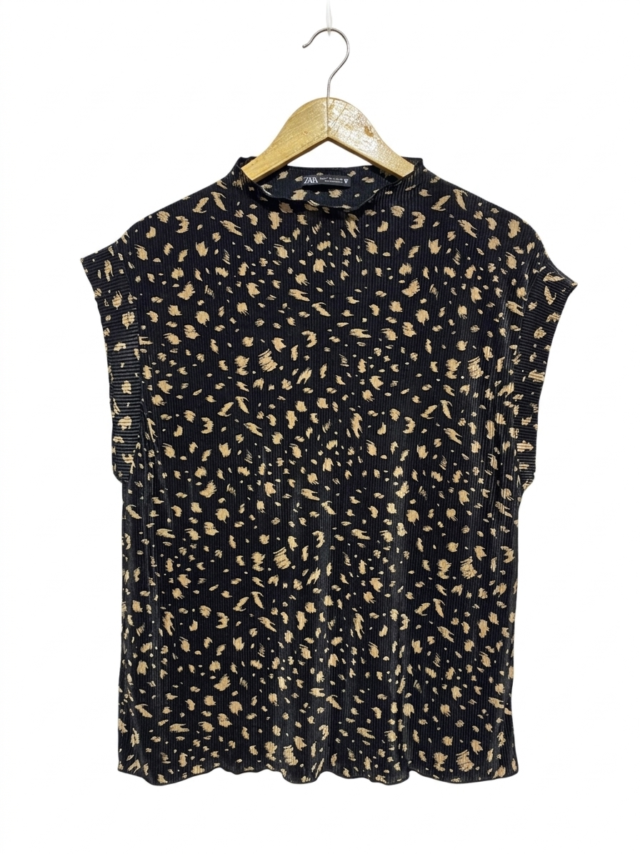 ZARA |L| BUST 22 |B9| BLACK AND TAN ANIMAL PRINT PLEATED SLEEVELESS TOP