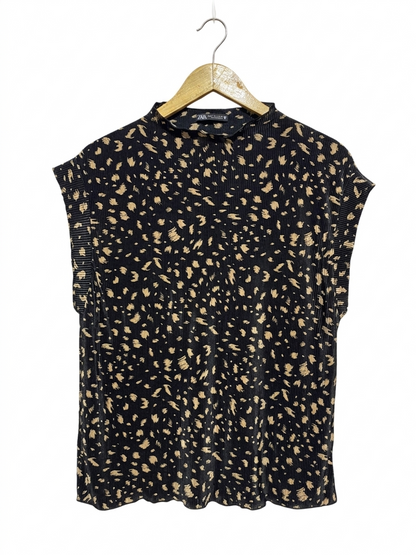 ZARA |L| BUST 22 |B9| BLACK AND TAN ANIMAL PRINT PLEATED SLEEVELESS TOP