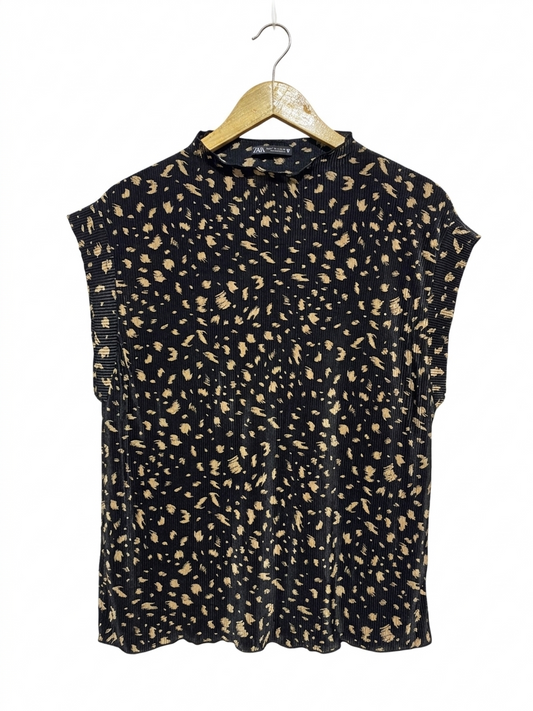 ZARA |L| BUST 22 |B9| BLACK AND TAN ANIMAL PRINT PLEATED SLEEVELESS TOP