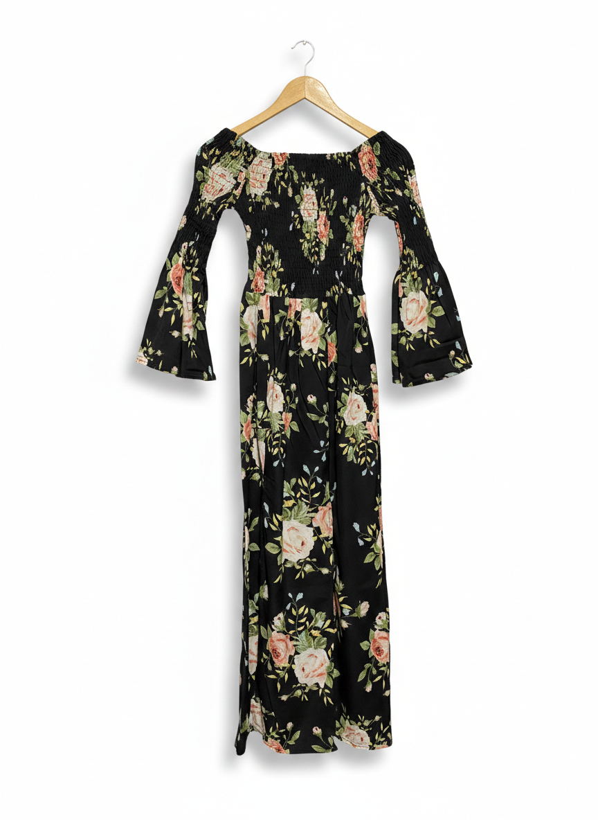 MALIBU |XS| BUST 11| ELEGANT OFF-THE-SHOULDER FLORAL MAXI DRESS - SMOCKED BODICE WITH BELL SLEEVES