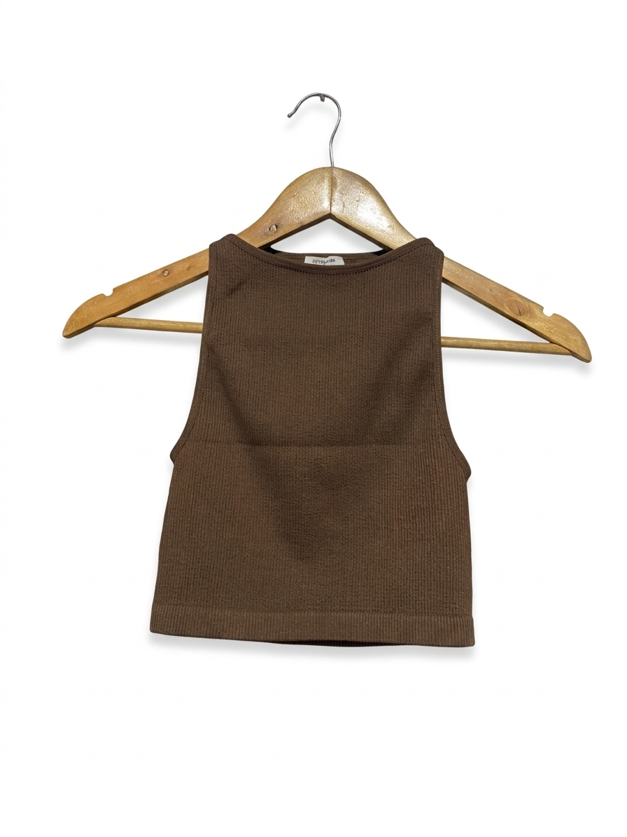 COTTON ON |XS| BUST 11| B6| CHOCOLATE BROWN RIBBED SEAMLESS HIGH NECK CROP TOP