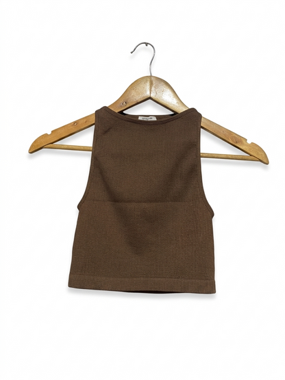 COTTON ON |XS| BUST 11| B6| CHOCOLATE BROWN RIBBED SEAMLESS HIGH NECK CROP TOP
