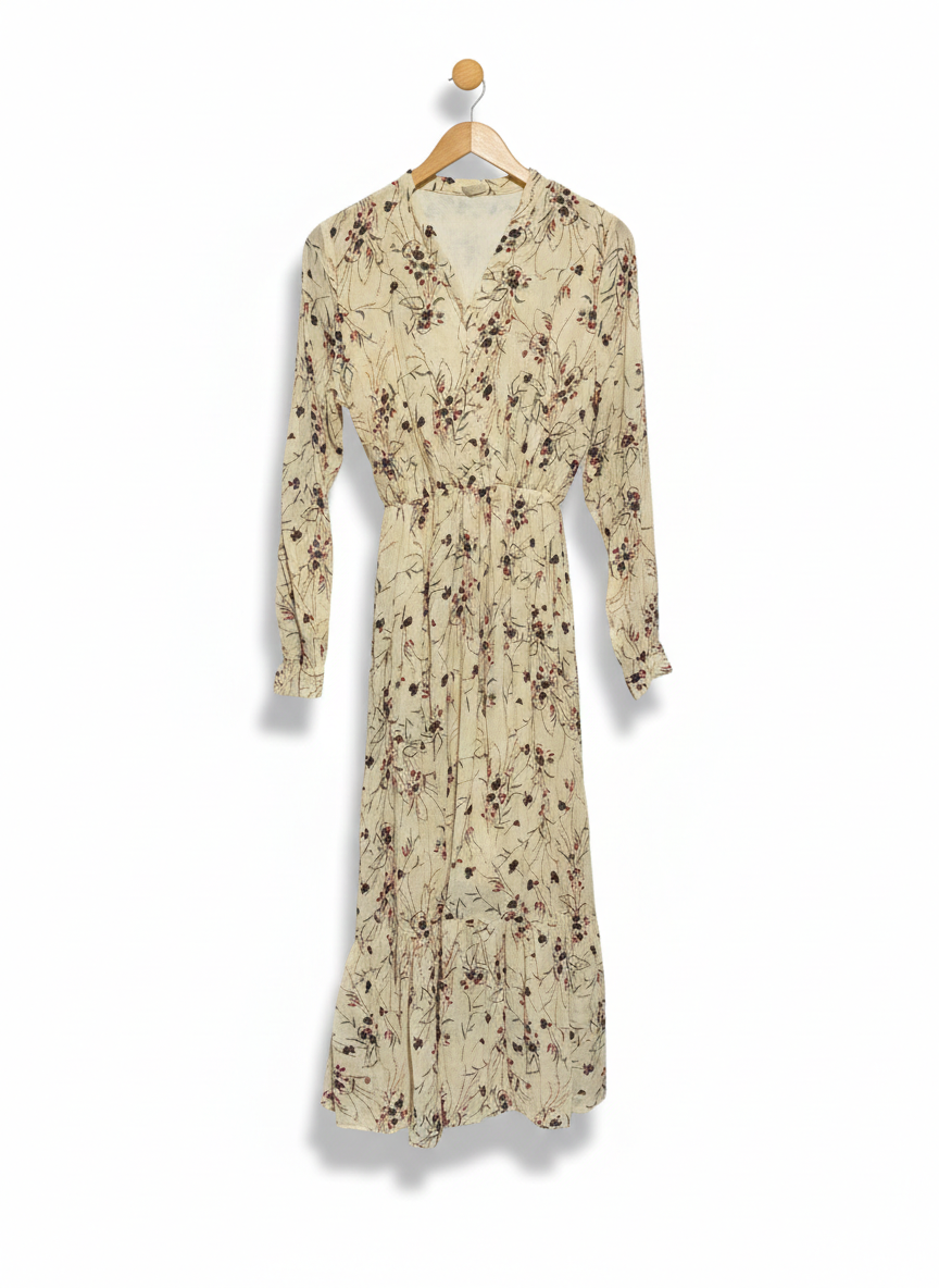 MOLLY YOUNG |M| BUST 16| WOMEN’S CREAM BOTANICAL PRINT MAXI DRESS – ELEGANT V-NECK LONG-SLEEVE GOWN WITH RUFFLE HEM