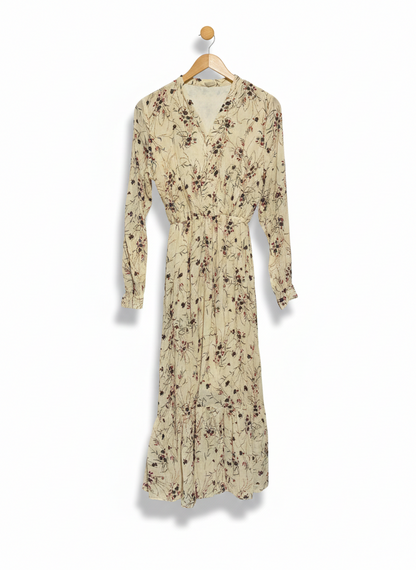 MOLLY YOUNG |M| BUST 16| WOMEN’S CREAM BOTANICAL PRINT MAXI DRESS – ELEGANT V-NECK LONG-SLEEVE GOWN WITH RUFFLE HEM