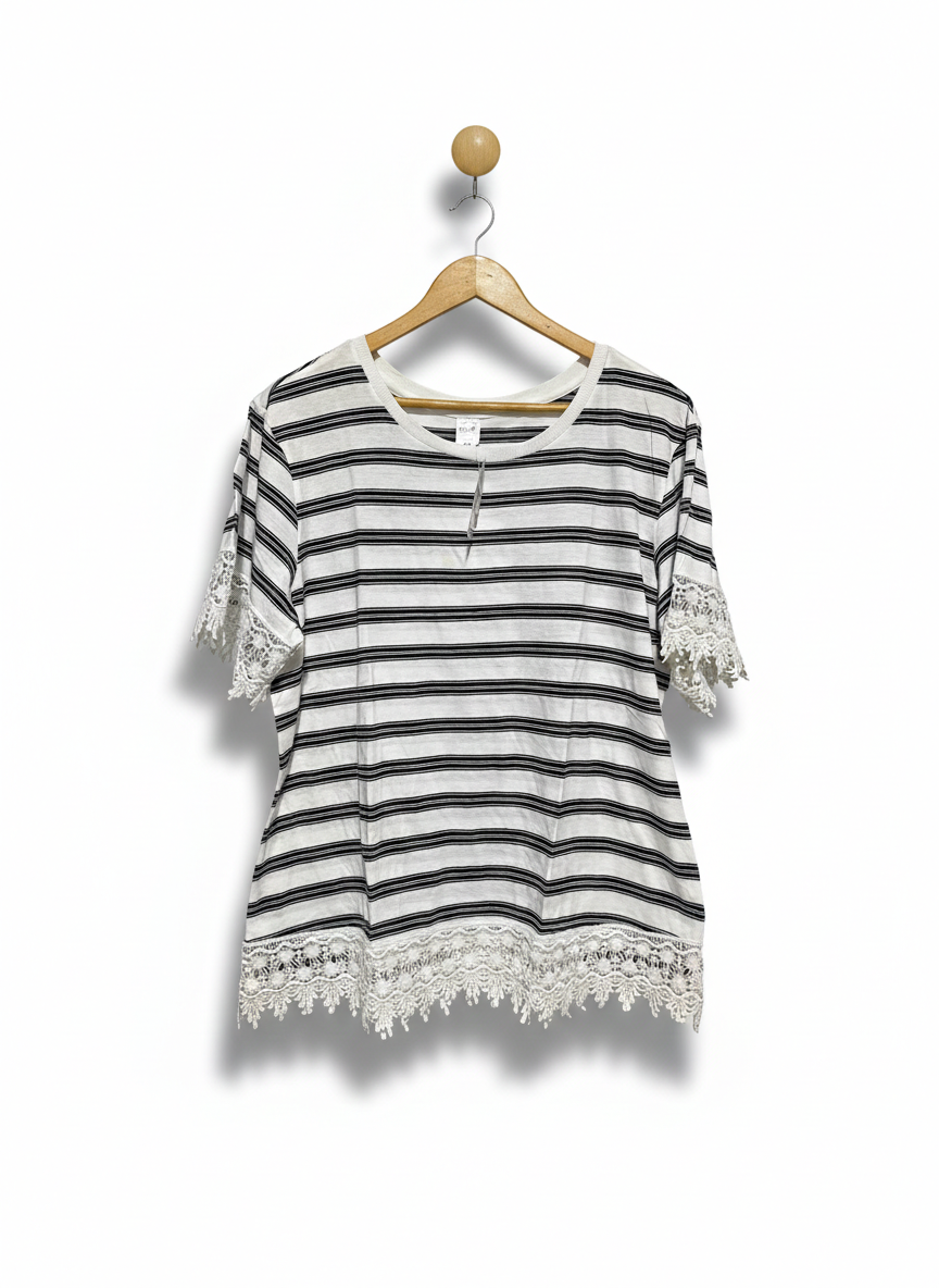 NOW |XL| BUST 22| C1| BLACK & WHITE STRIPED SHORT SLEEVE TOP WITH CROCHET LACE TRIM