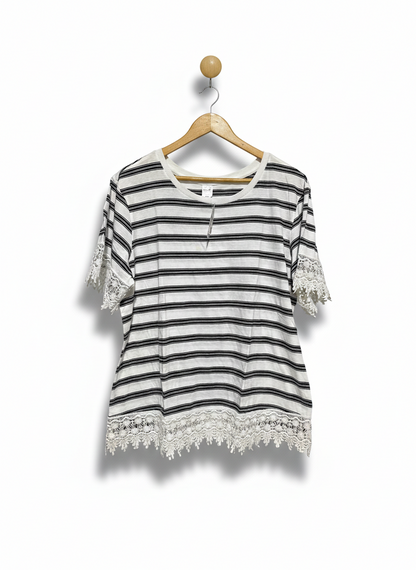NOW |XL| BUST 22| C1| BLACK & WHITE STRIPED SHORT SLEEVE TOP WITH CROCHET LACE TRIM