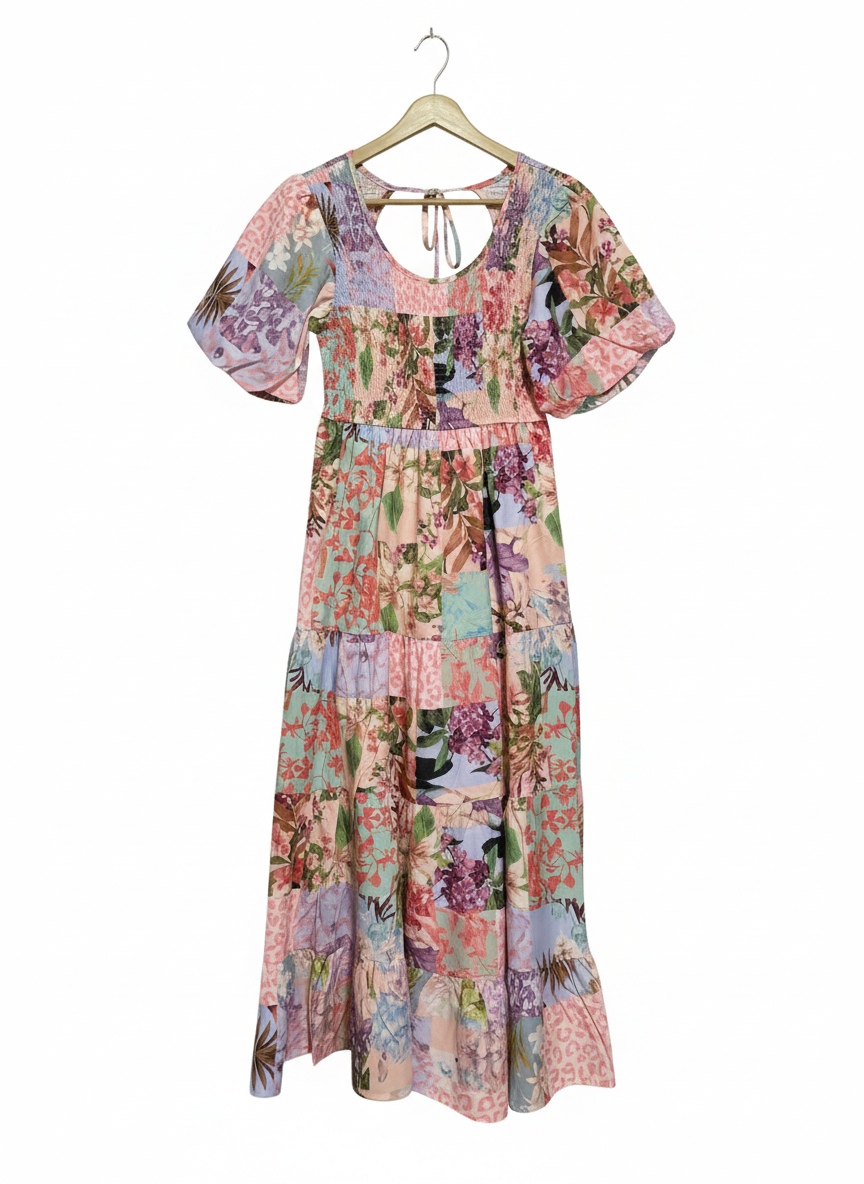 PASTEL MULTI-FLORAL PATCHWORK MAXI DRESS WITH SMOCKED BODICE |S| BUST 14|