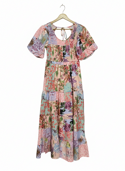 PASTEL MULTI-FLORAL PATCHWORK MAXI DRESS WITH SMOCKED BODICE |S| BUST 14|