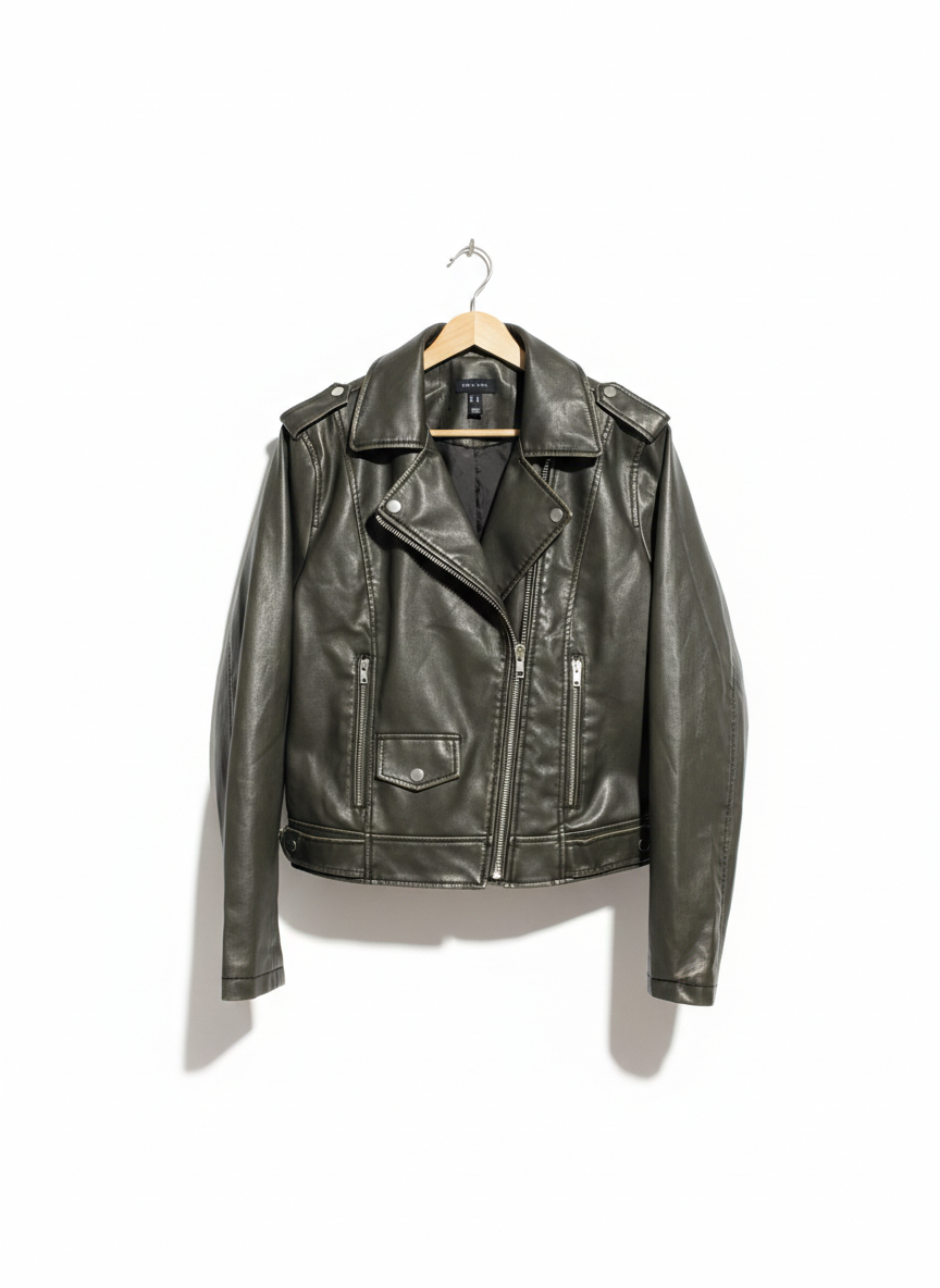 NEW LOOK |L| BUST 21| OLIVE GREEN FAUX LEATHER MOTO JACKET