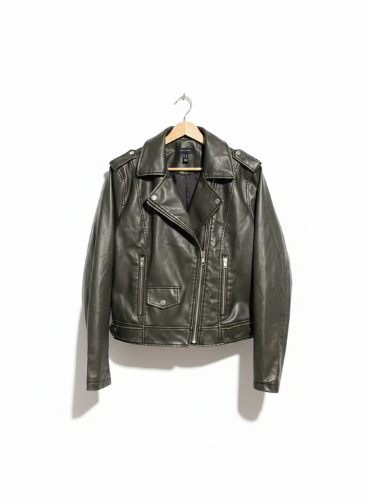 NEW LOOK |L| BUST 21| OLIVE GREEN FAUX LEATHER MOTO JACKET