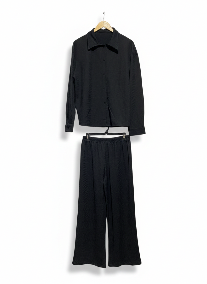 SHEIN |L| WOMEN'S MONOCHROME PLEATED CO-ORD SET IN BLACK