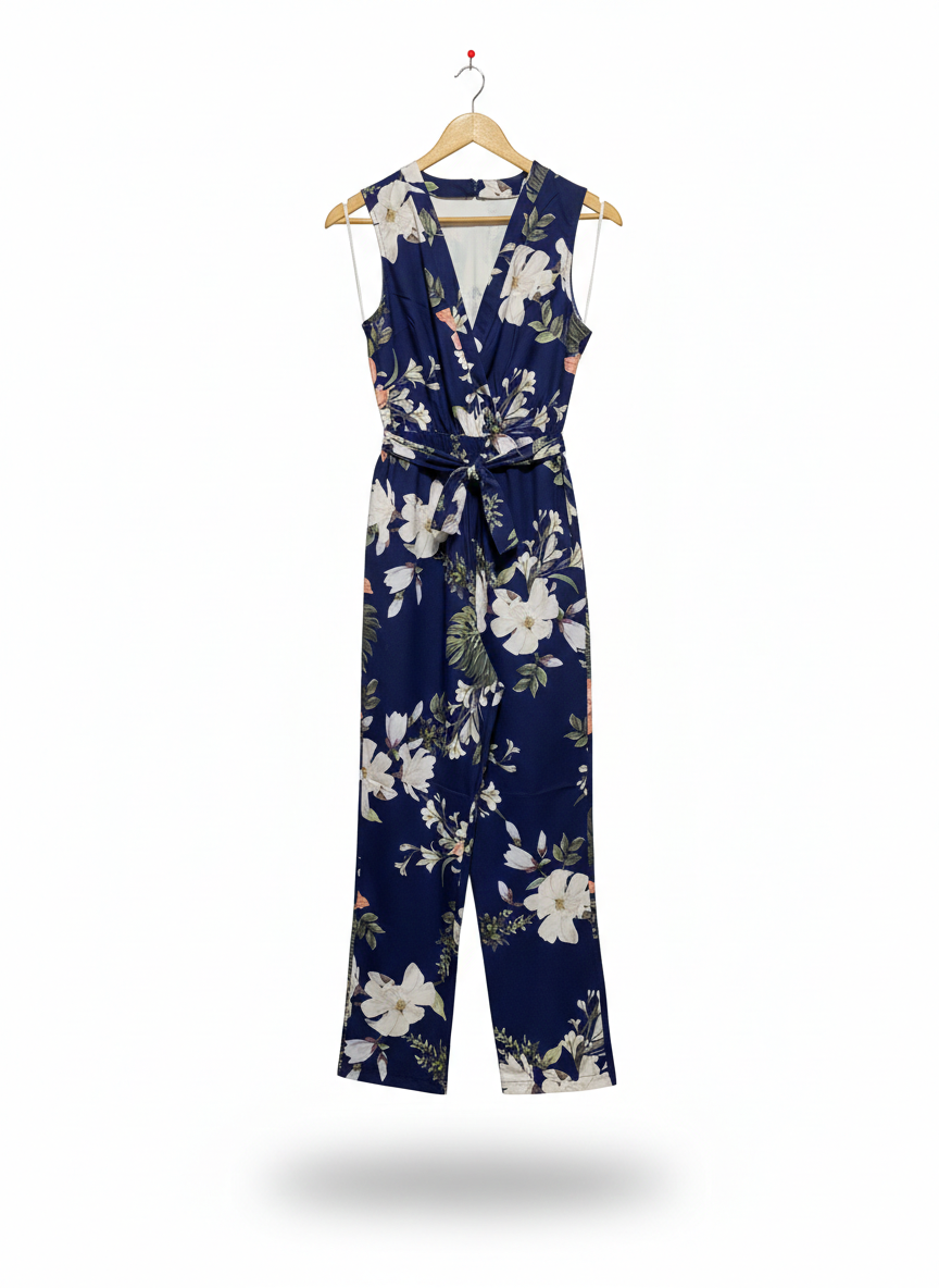 WHITE CLOSET |M| BUST 16| NAVY FLORAL WRAP JUMPSUIT