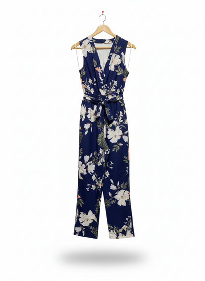 WHITE CLOSET |M| BUST 16| NAVY FLORAL WRAP JUMPSUIT