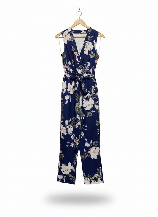 WHITE CLOSET |M| BUST 16| NAVY FLORAL WRAP JUMPSUIT