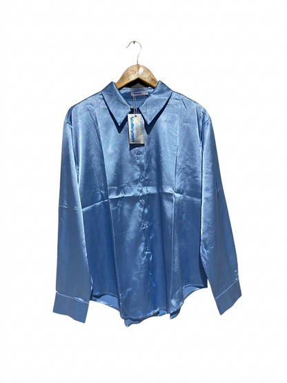 VALLEY GIRL |L| BUST 23 | B6| LUSTROUS SKY BLUE SATIN LONG SLEEVE BUTTON-UP SHIRT